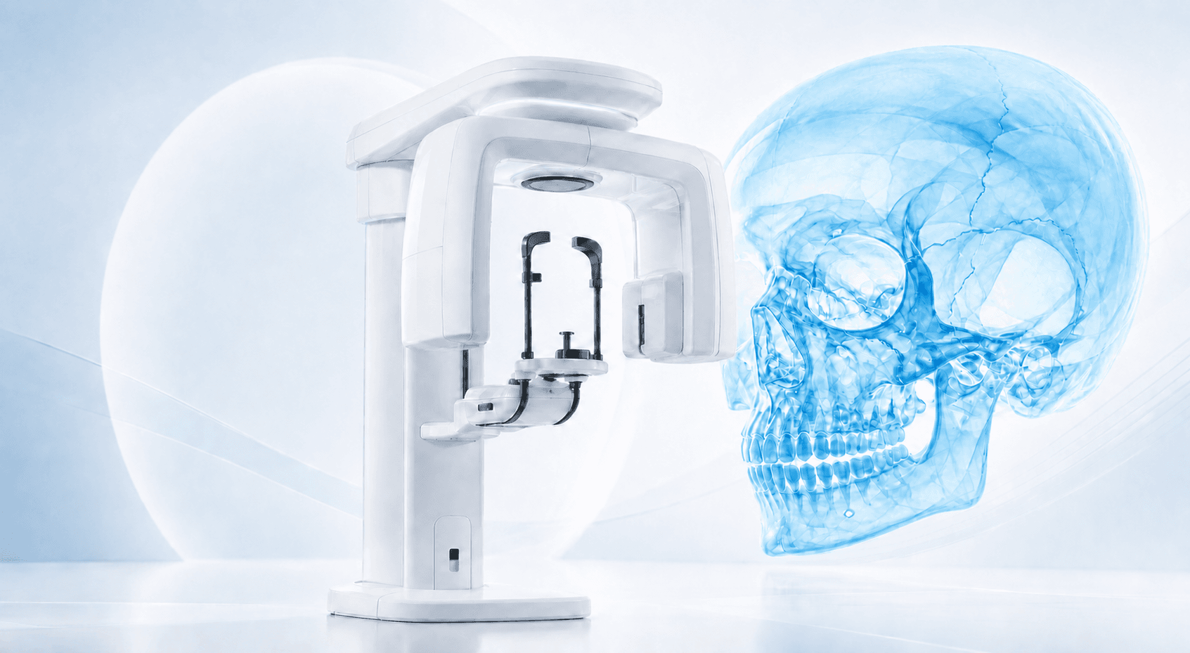 Equipo de radiologia dental CBCT junto a representacion tridimensional de craneo